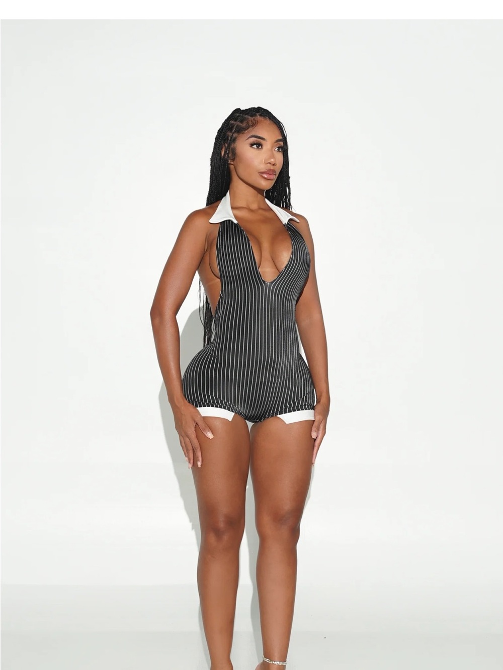 Deep V Pinstripe Halter Romper - Black